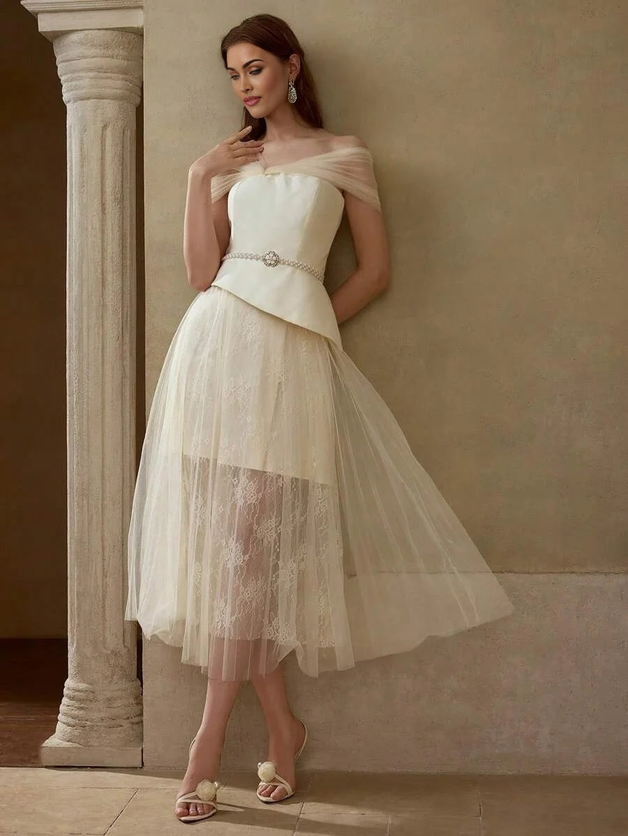 Soiréza SHEER MESH ASYMMETRICAL SHOULDER PEPLUM WAIST LACE FLARE HEM COCKTAIL DRESS