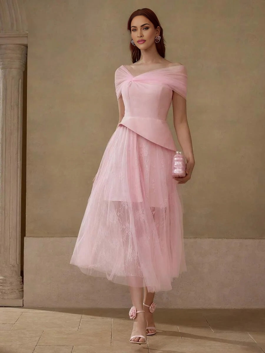 Soiréza SHEER MESH ASYMMETRICAL SHOULDER PEPLUM WAIST LACE FLARE HEM COCKTAIL DRESS