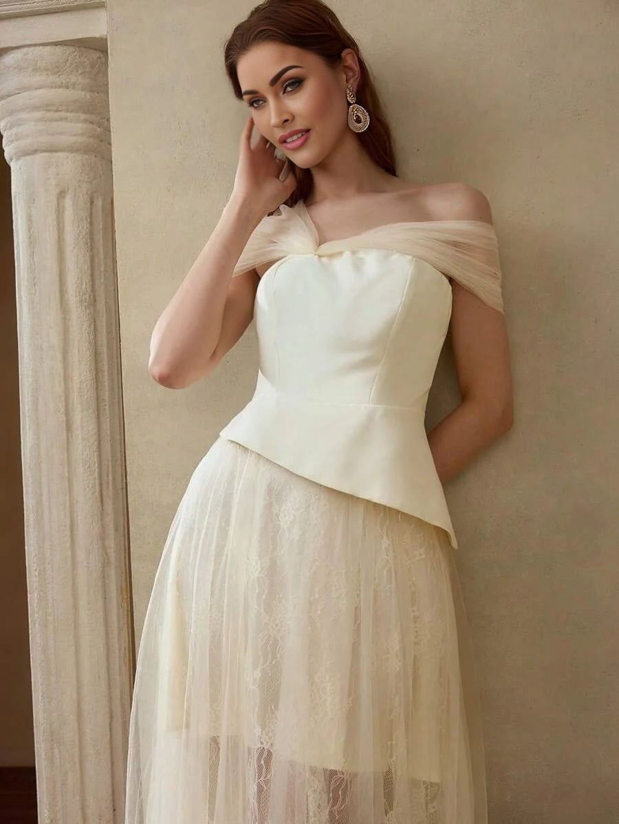 Soiréza SHEER MESH ASYMMETRICAL SHOULDER PEPLUM WAIST LACE FLARE HEM COCKTAIL DRESS