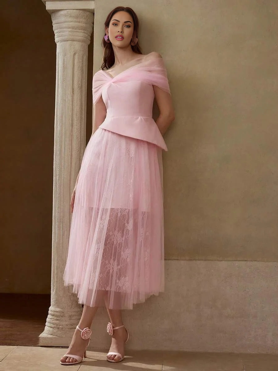 Soiréza SHEER MESH ASYMMETRICAL SHOULDER PEPLUM WAIST LACE FLARE HEM COCKTAIL DRESS