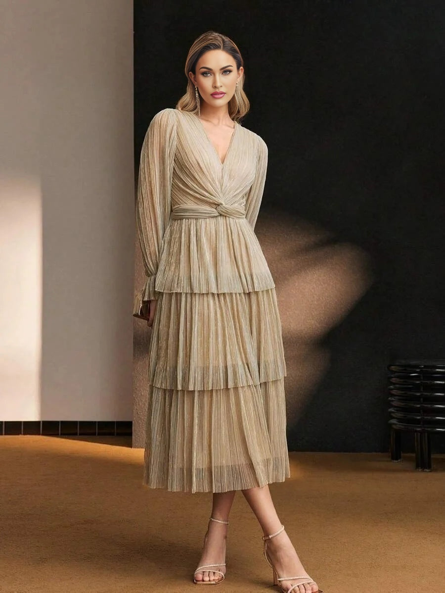 Soiréza SOLID VNECK FLARE SLEEVE TWIST WAIST LAYERED RUFFLE HEM PLISSE COCKTAIL DRESS