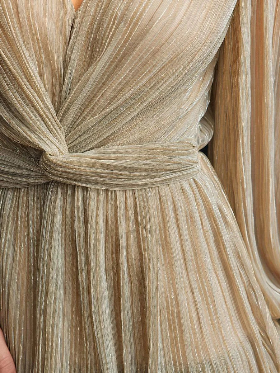 Soiréza SOLID VNECK FLARE SLEEVE TWIST WAIST LAYERED RUFFLE HEM PLISSE COCKTAIL DRESS