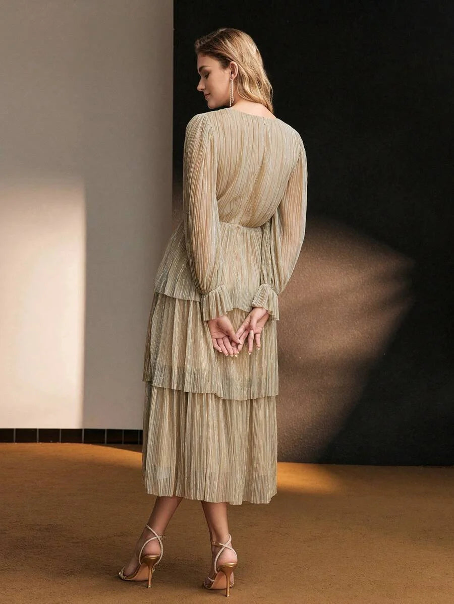 Soiréza SOLID VNECK FLARE SLEEVE TWIST WAIST LAYERED RUFFLE HEM PLISSE COCKTAIL DRESS