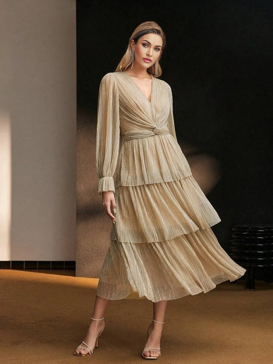 Soiréza SOLID VNECK FLARE SLEEVE TWIST WAIST LAYERED RUFFLE HEM PLISSE COCKTAIL DRESS