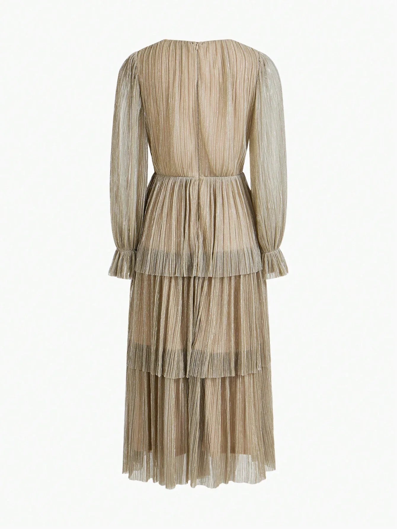 Soiréza SOLID VNECK FLARE SLEEVE TWIST WAIST LAYERED RUFFLE HEM PLISSE COCKTAIL DRESS