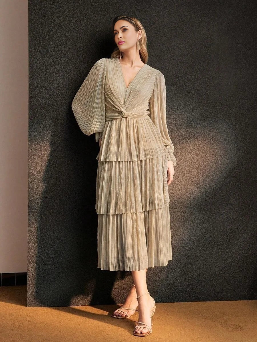 Soiréza SOLID VNECK FLARE SLEEVE TWIST WAIST LAYERED RUFFLE HEM PLISSE COCKTAIL DRESS