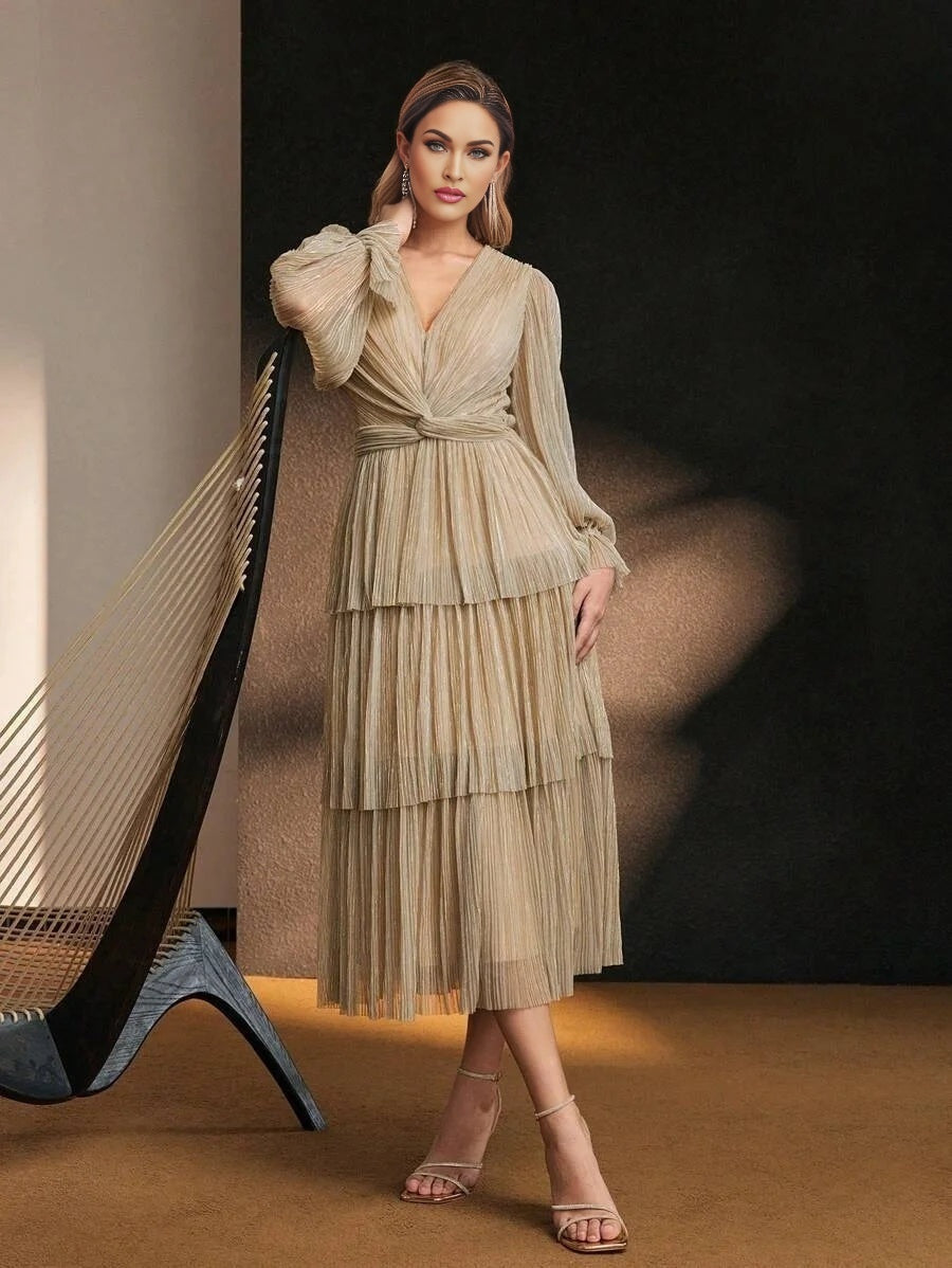 Soiréza SOLID VNECK FLARE SLEEVE TWIST WAIST LAYERED RUFFLE HEM PLISSE COCKTAIL DRESS