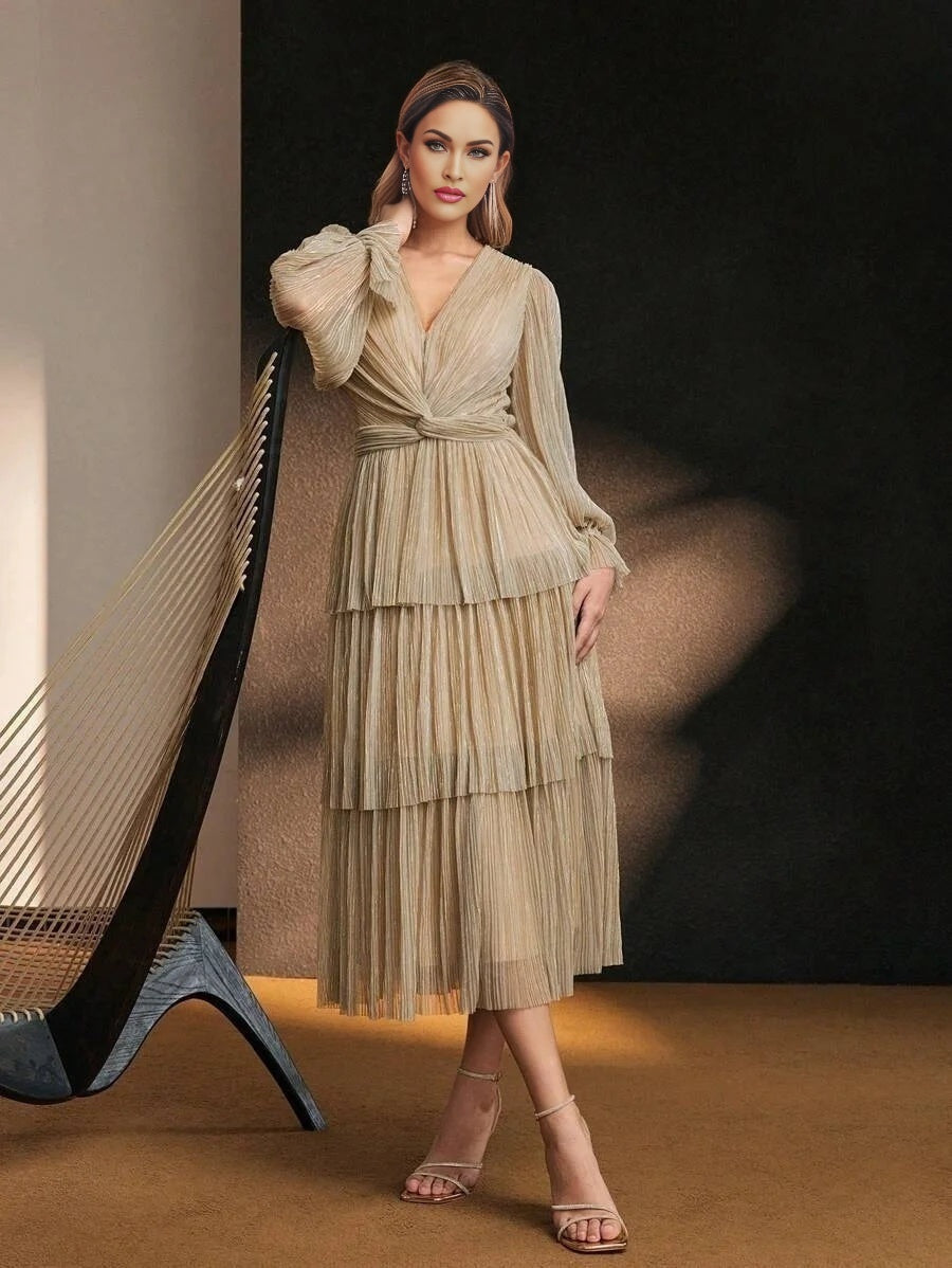 Soiréza SOLID VNECK FLARE SLEEVE TWIST WAIST LAYERED RUFFLE HEM PLISSE COCKTAIL DRESS