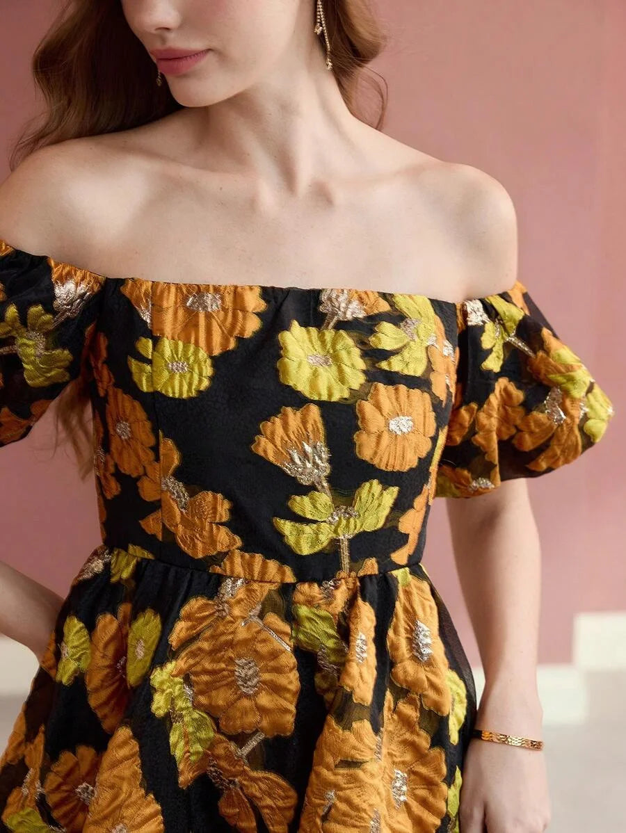 Soiréza WOMENS COLOR JACQUARD WEAVE OFF SHOULDER COCKTAIL DRESS