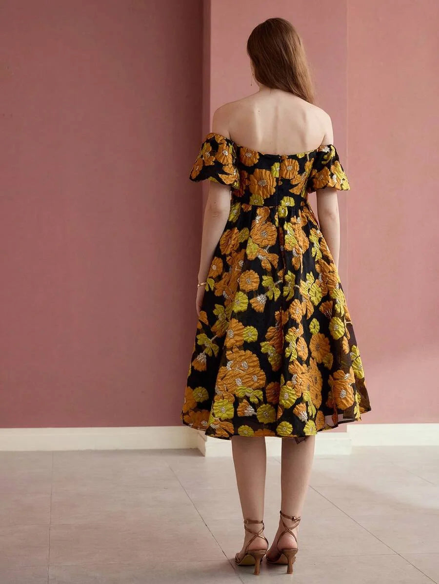 Soiréza WOMENS COLOR JACQUARD WEAVE OFF SHOULDER COCKTAIL DRESS