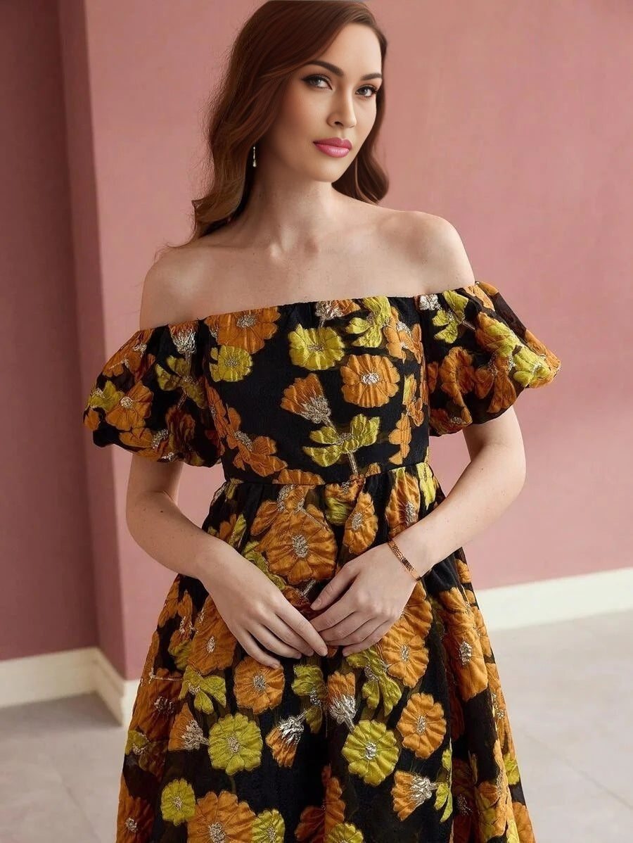 Soiréza WOMENS COLOR JACQUARD WEAVE OFF SHOULDER COCKTAIL DRESS