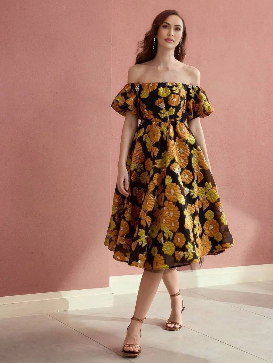 Soiréza WOMENS COLOR JACQUARD WEAVE OFF SHOULDER COCKTAIL DRESS