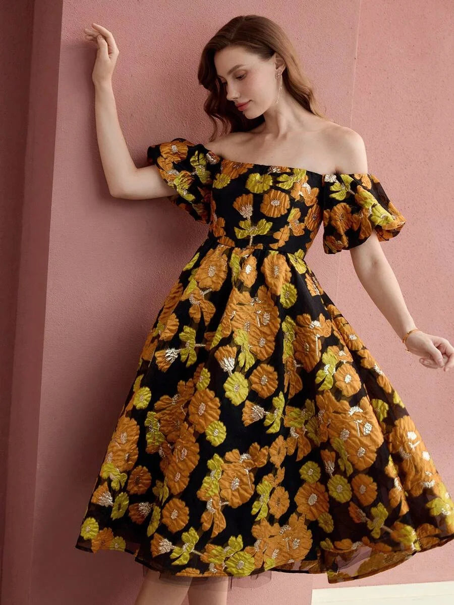 Soiréza WOMENS COLOR JACQUARD WEAVE OFF SHOULDER COCKTAIL DRESS