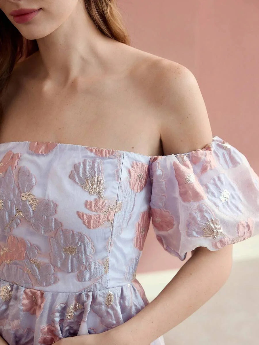 Soiréza WOMENS COLOR JACQUARD WEAVE OFF SHOULDER COCKTAIL DRESS