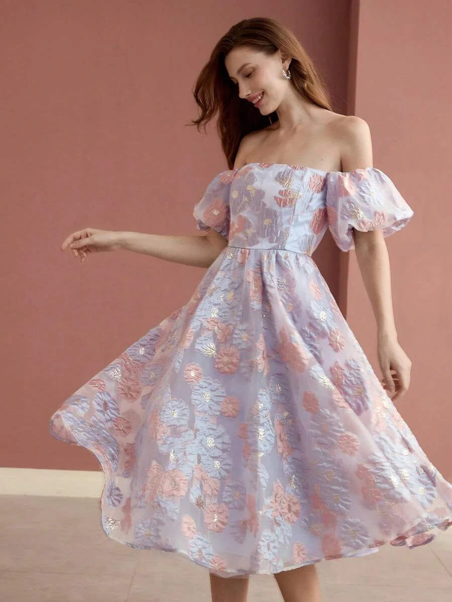 Soiréza WOMENS COLOR JACQUARD WEAVE OFF SHOULDER COCKTAIL DRESS