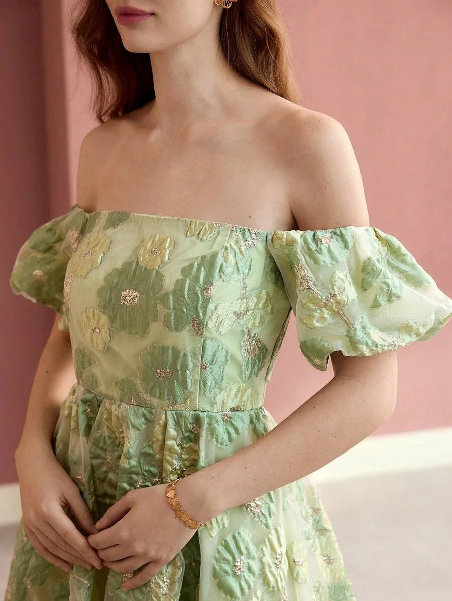 Soiréza WOMENS COLOR JACQUARD WEAVE OFF SHOULDER COCKTAIL DRESS