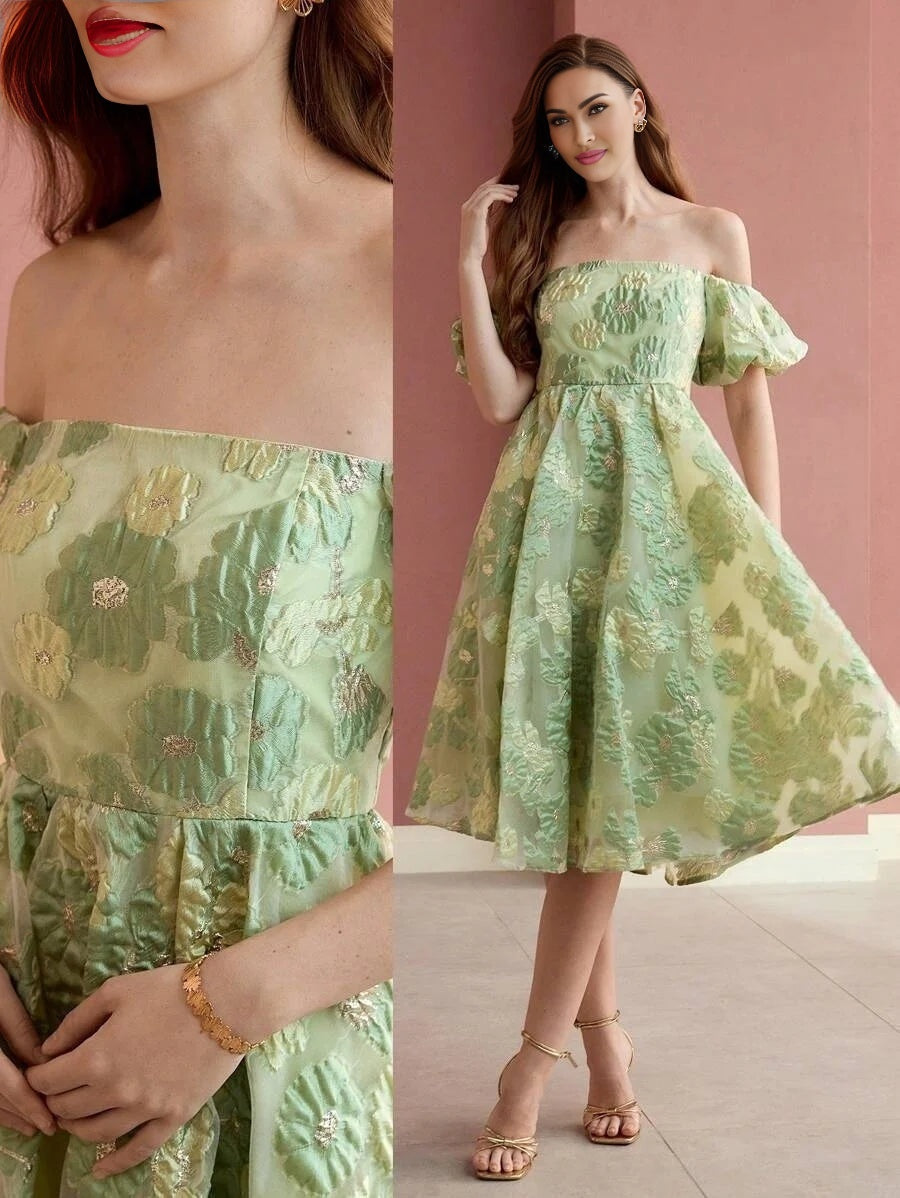 Soiréza WOMENS COLOR JACQUARD WEAVE OFF SHOULDER COCKTAIL DRESS