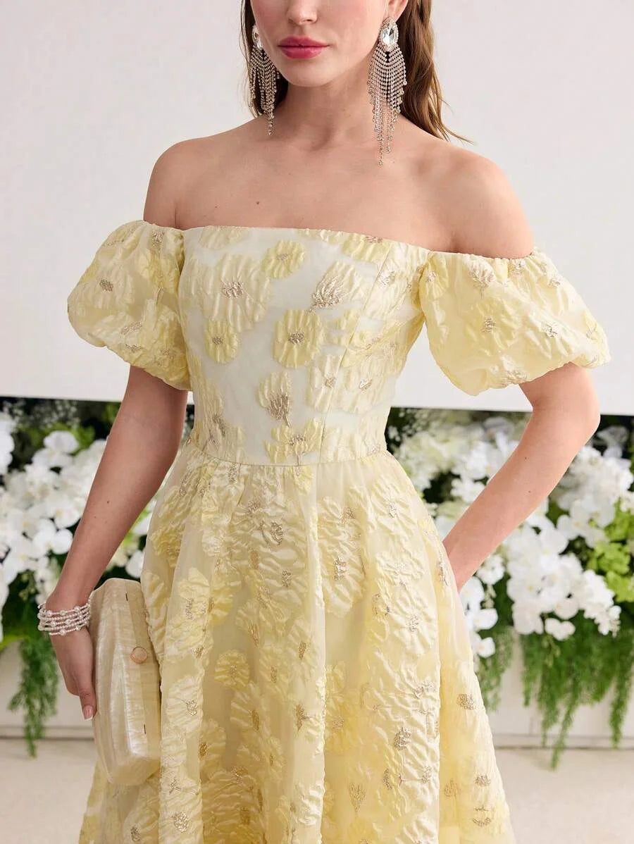 Soiréza WOMENS COLOR JACQUARD WEAVE OFF SHOULDER COCKTAIL DRESS