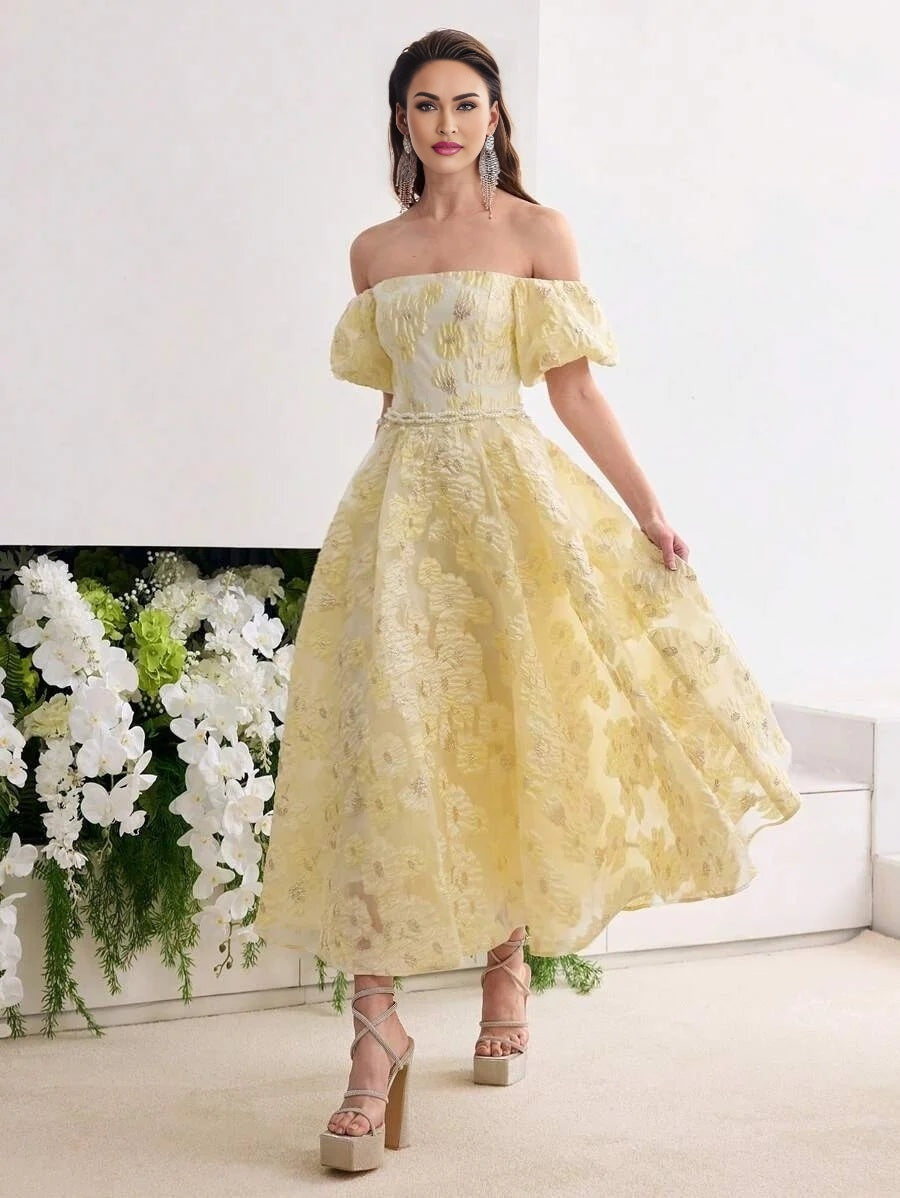 Soiréza WOMENS COLOR JACQUARD WEAVE OFF SHOULDER COCKTAIL DRESS