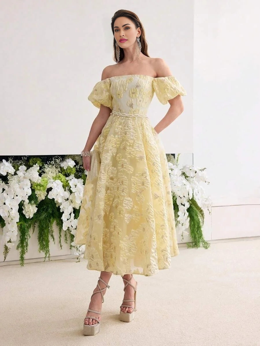 Soiréza WOMENS COLOR JACQUARD WEAVE OFF SHOULDER COCKTAIL DRESS