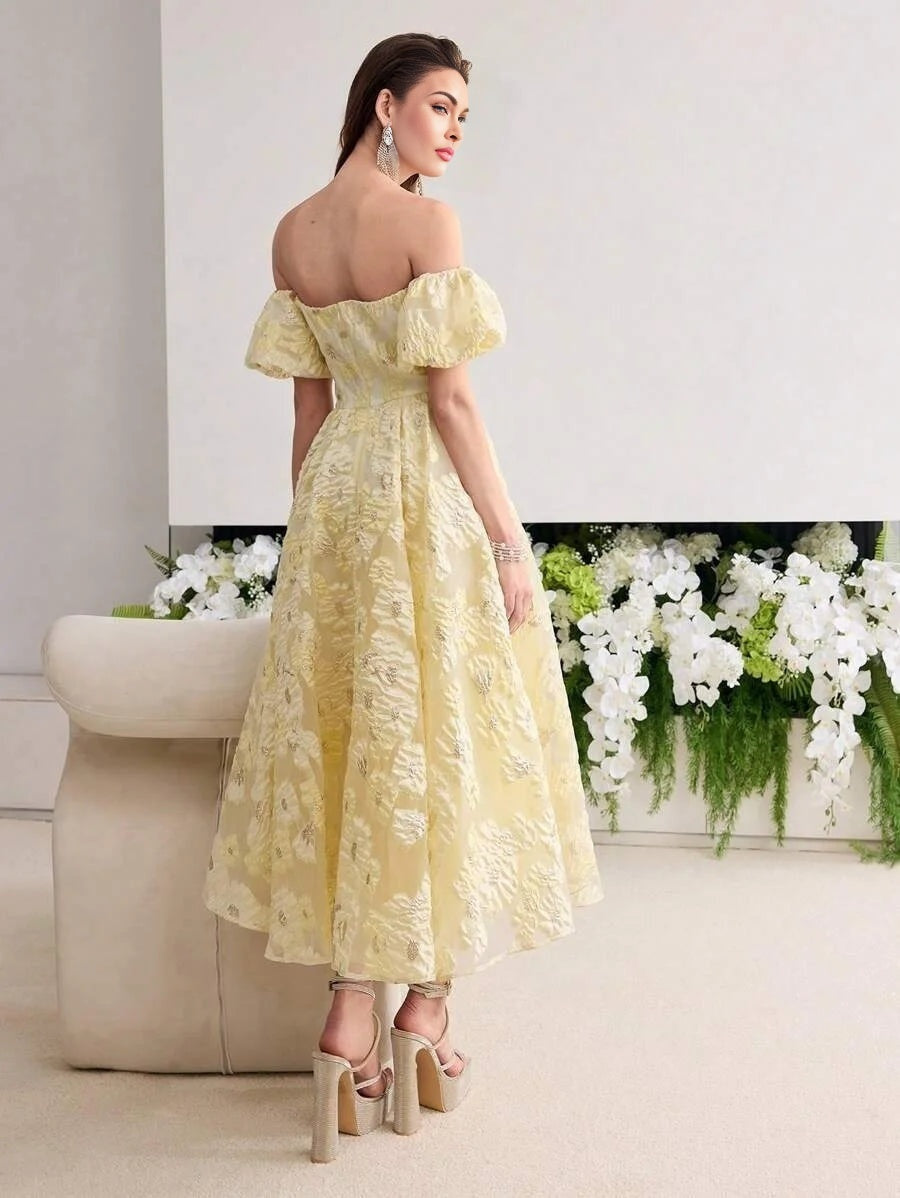 Soiréza WOMENS COLOR JACQUARD WEAVE OFF SHOULDER COCKTAIL DRESS