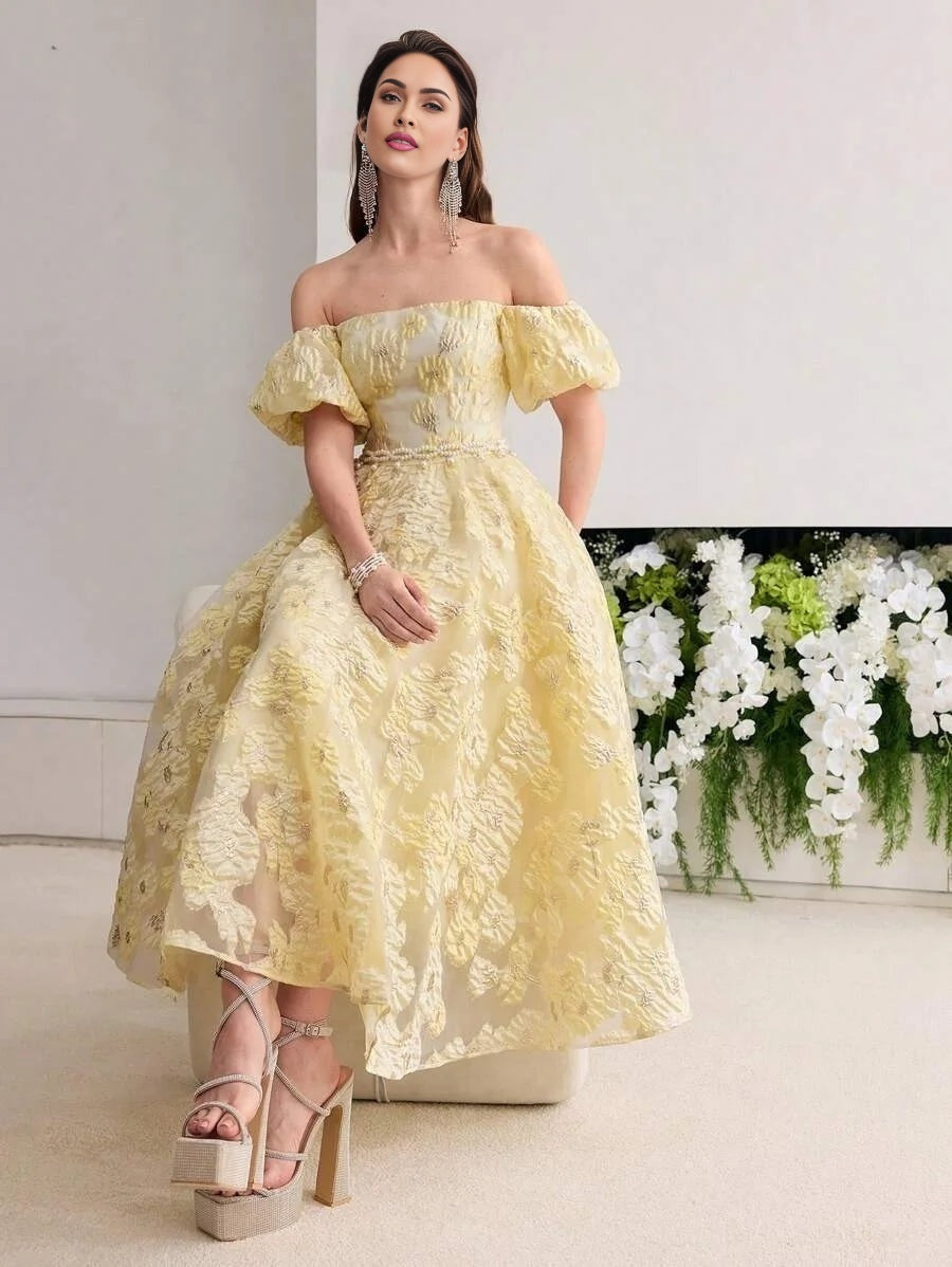 Soiréza WOMENS COLOR JACQUARD WEAVE OFF SHOULDER COCKTAIL DRESS