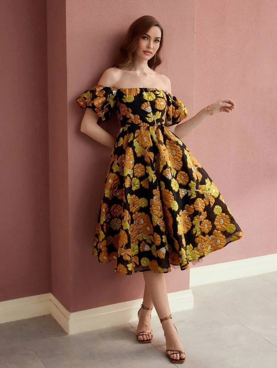 Soiréza WOMENS COLOR JACQUARD WEAVE OFF SHOULDER COCKTAIL DRESS