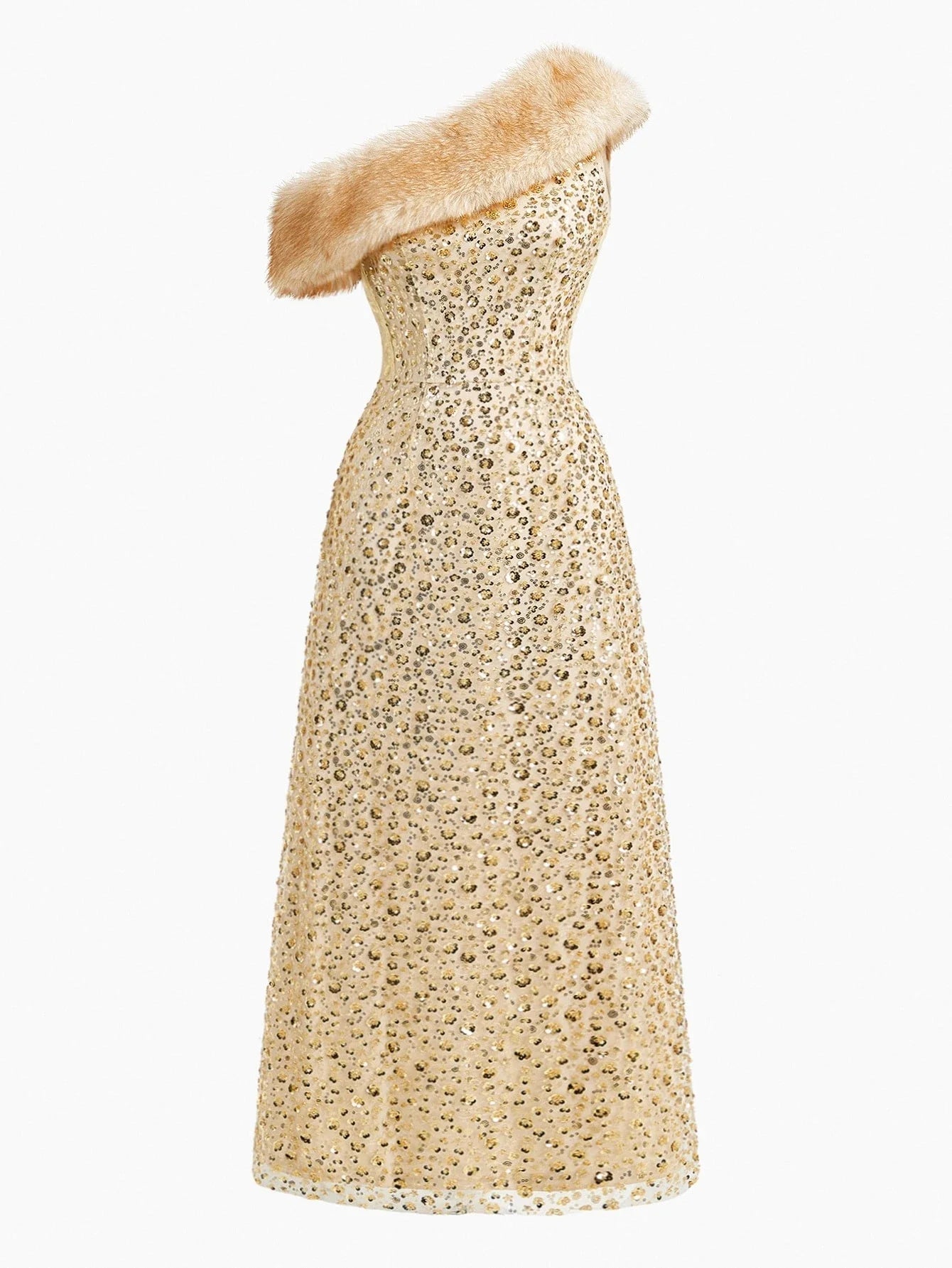 Soiréza WOMENS HEAVY BEADED EMBROIDERY FAUX FUR PATCHWORK ASYMMETRIC HEM LONG FORMAL DRESS