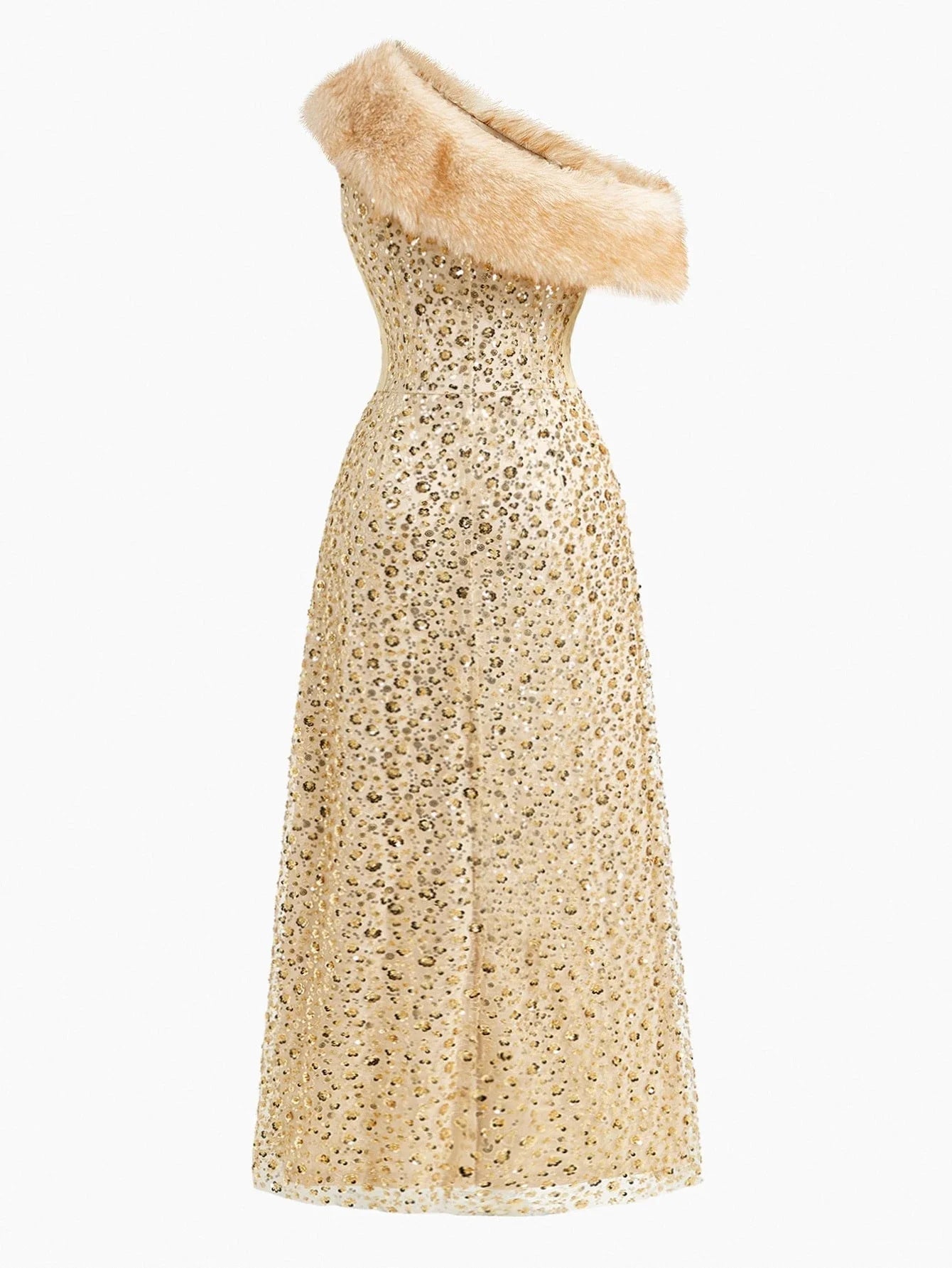 Soiréza WOMENS HEAVY BEADED EMBROIDERY FAUX FUR PATCHWORK ASYMMETRIC HEM LONG FORMAL DRESS