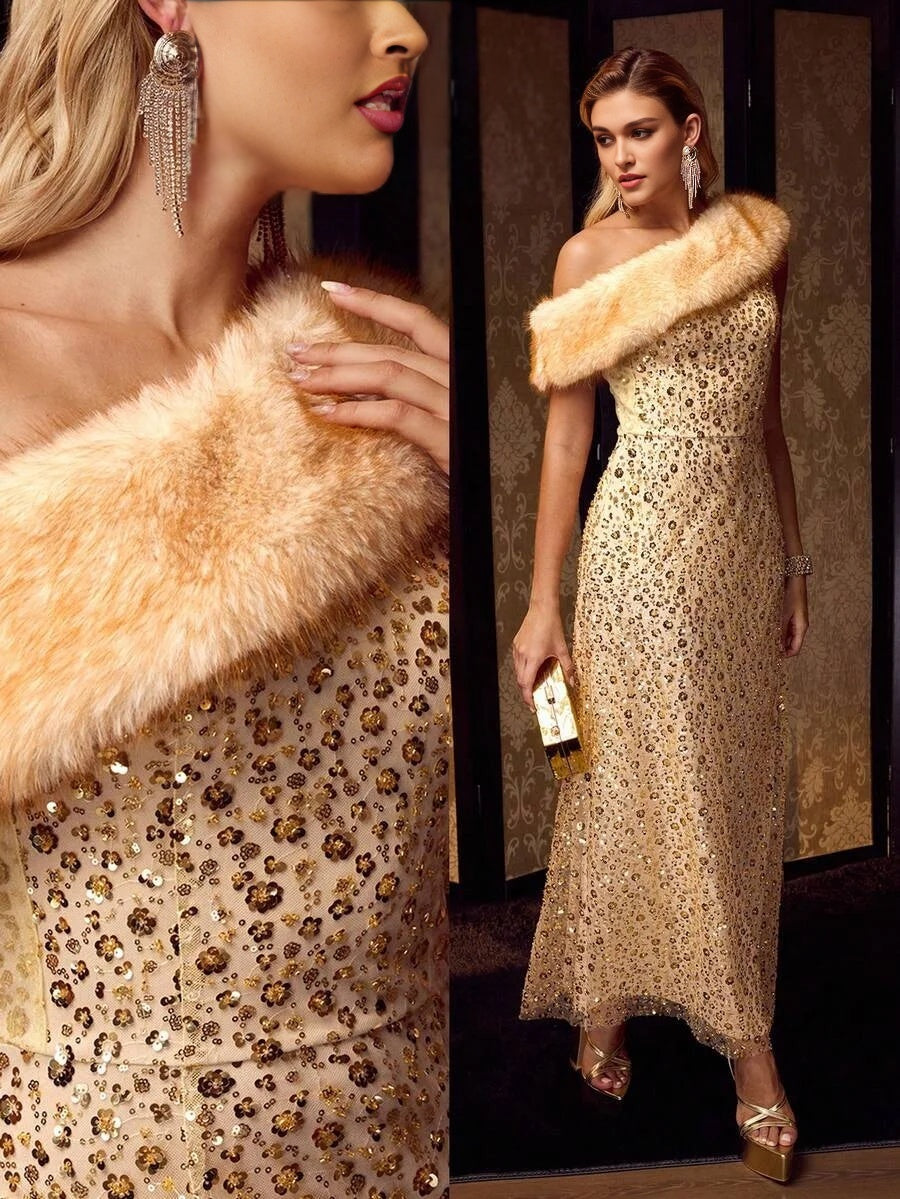 Soiréza WOMENS HEAVY BEADED EMBROIDERY FAUX FUR PATCHWORK ASYMMETRIC HEM LONG FORMAL DRESS