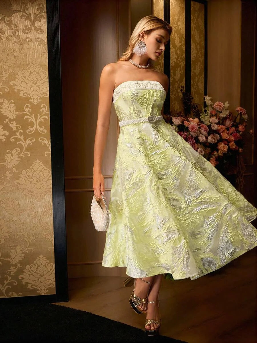 Soiréza WOMENS JACQUARD EMBROIDERED BANDEAU PATCHWORK FLARE HEM CEREMONIAL COCKTAIL TUBE DRESS