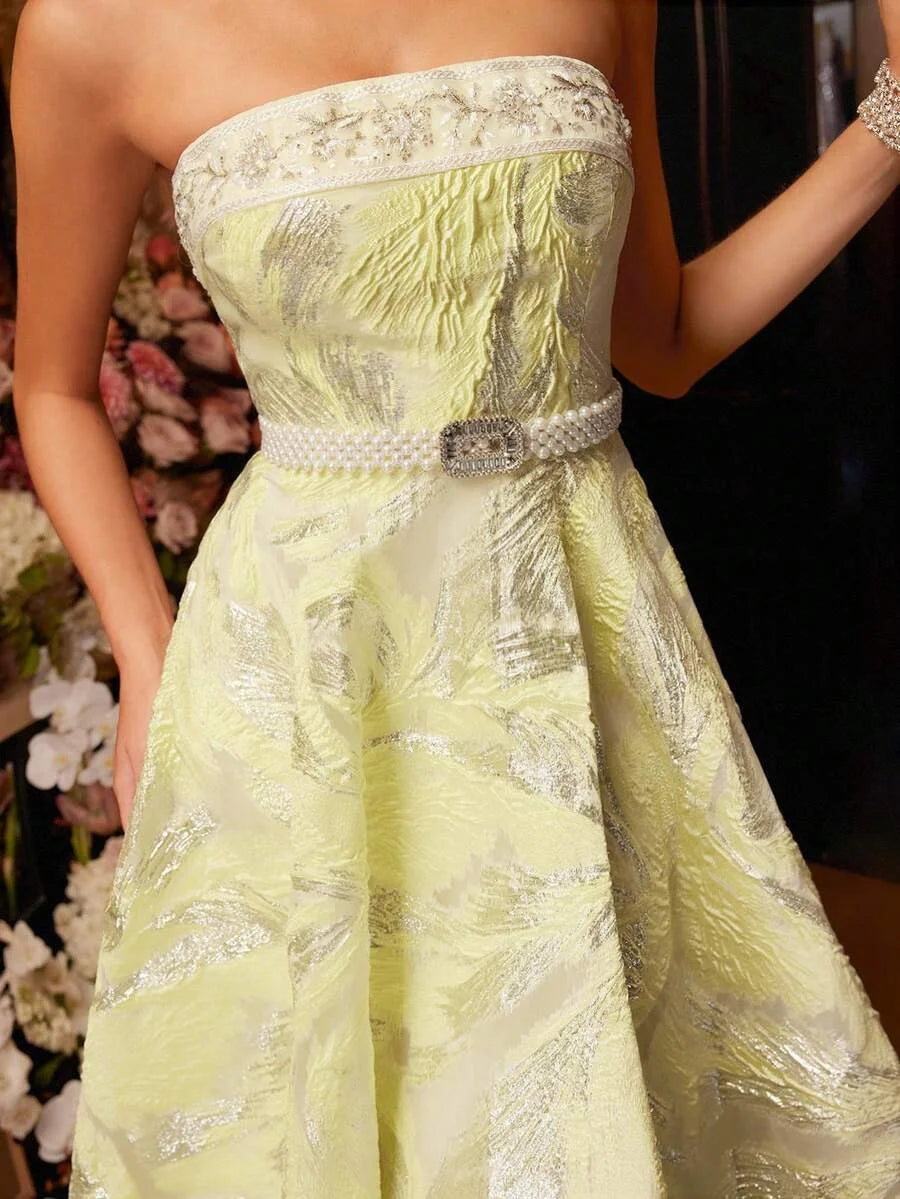 Soiréza WOMENS JACQUARD EMBROIDERED BANDEAU PATCHWORK FLARE HEM CEREMONIAL COCKTAIL TUBE DRESS