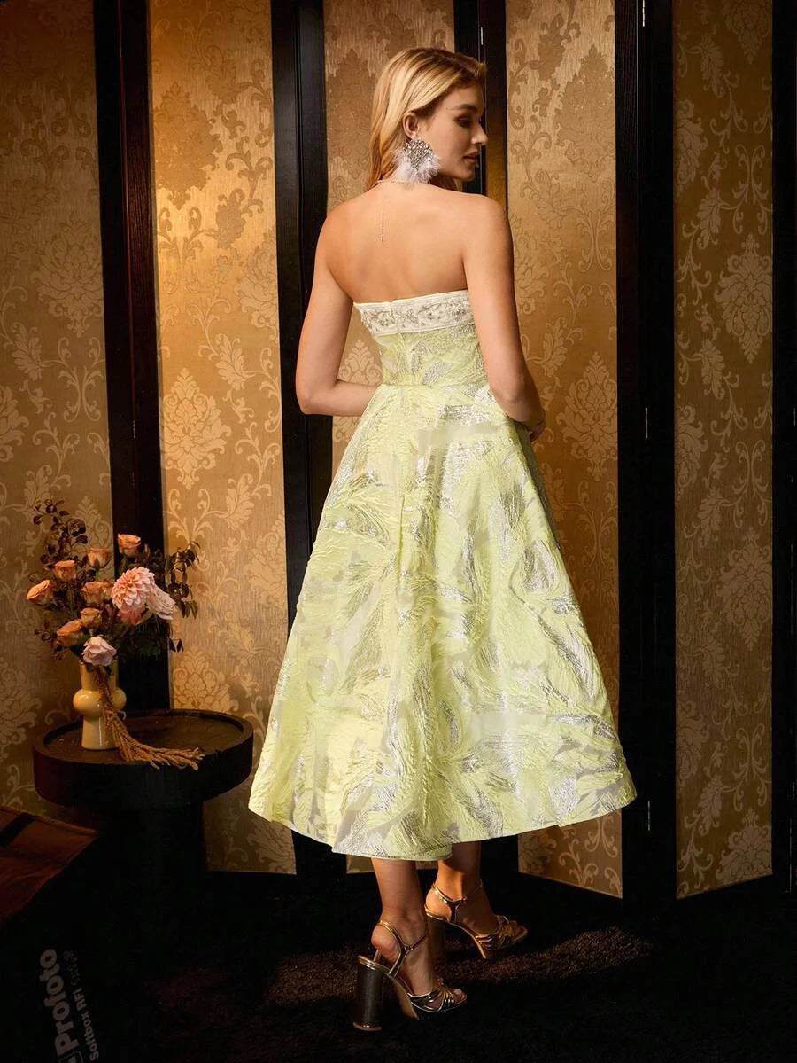 Soiréza WOMENS JACQUARD EMBROIDERED BANDEAU PATCHWORK FLARE HEM CEREMONIAL COCKTAIL TUBE DRESS