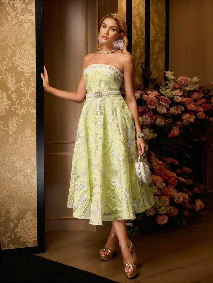 Soiréza WOMENS JACQUARD EMBROIDERED BANDEAU PATCHWORK FLARE HEM CEREMONIAL COCKTAIL TUBE DRESS