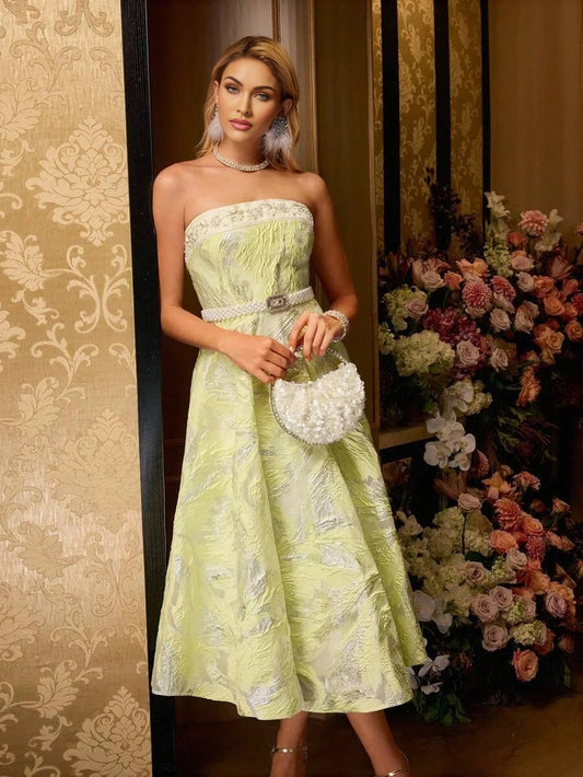 Soiréza WOMENS JACQUARD EMBROIDERED BANDEAU PATCHWORK FLARE HEM CEREMONIAL COCKTAIL TUBE DRESS