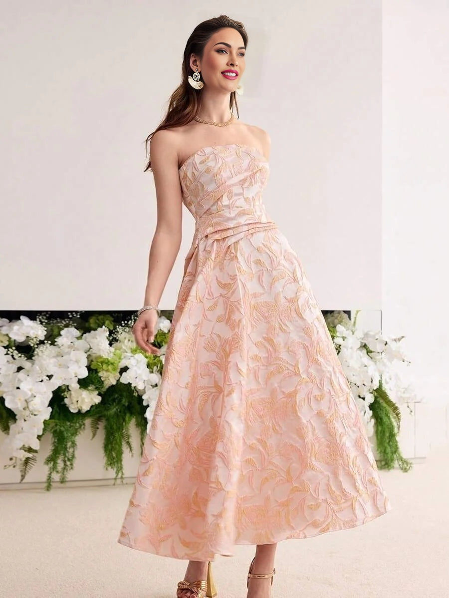 Soiréza WOMENS JACQUARD PLEATED ALINE BANDEAU COCKTAIL PARTY DRESS