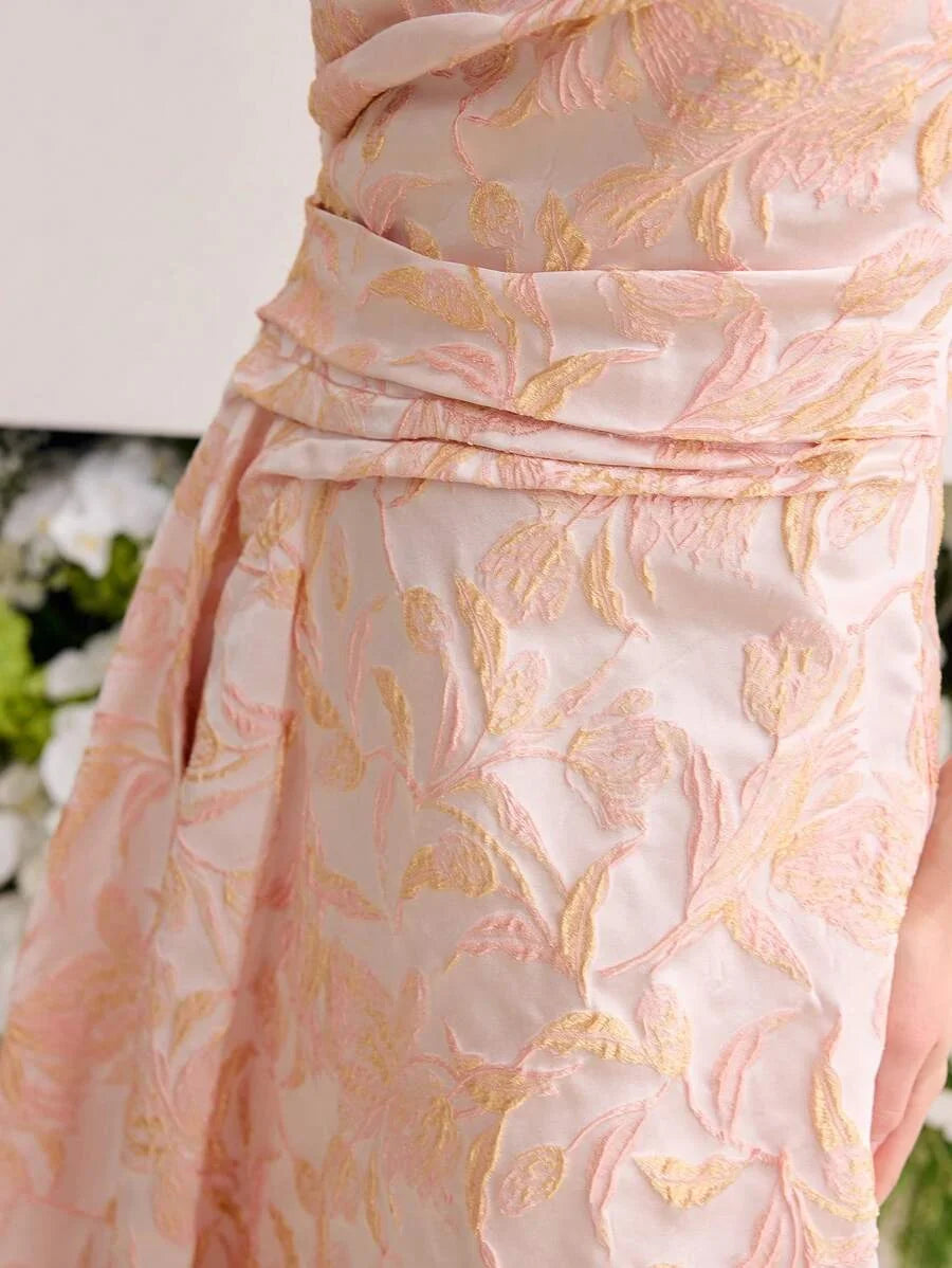 Soiréza WOMENS JACQUARD PLEATED ALINE BANDEAU COCKTAIL PARTY DRESS