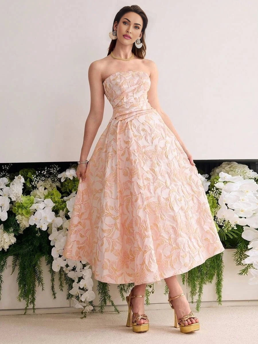 Soiréza WOMENS JACQUARD PLEATED ALINE BANDEAU COCKTAIL PARTY DRESS