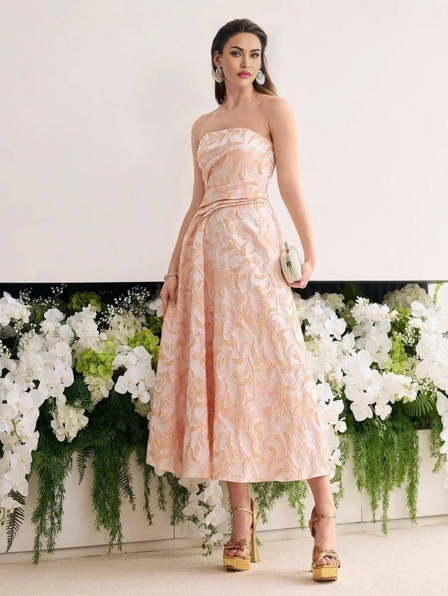 Soiréza WOMENS JACQUARD PLEATED ALINE BANDEAU COCKTAIL PARTY DRESS