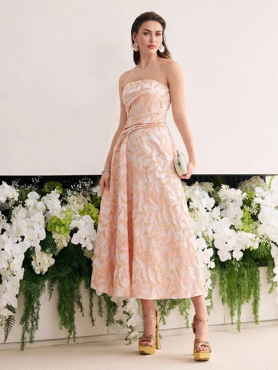 Soiréza WOMENS JACQUARD PLEATED ALINE BANDEAU COCKTAIL PARTY DRESS