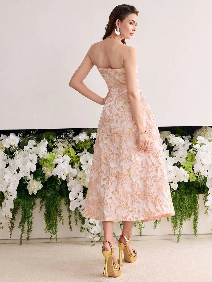 Soiréza WOMENS JACQUARD PLEATED ALINE BANDEAU COCKTAIL PARTY DRESS