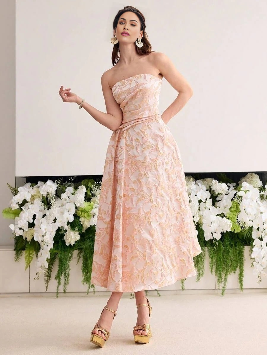 Soiréza WOMENS JACQUARD PLEATED ALINE BANDEAU COCKTAIL PARTY DRESS