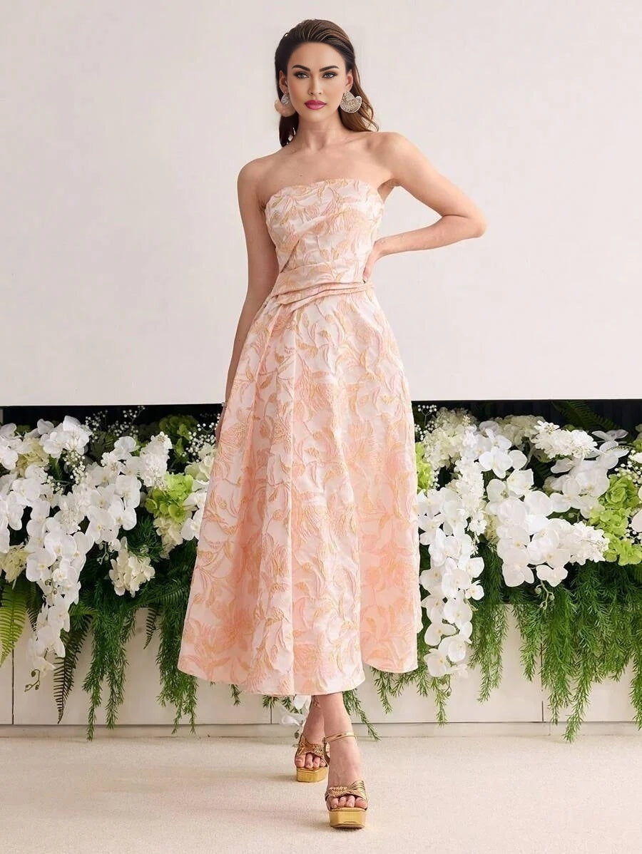 Soiréza WOMENS JACQUARD PLEATED ALINE BANDEAU COCKTAIL PARTY DRESS