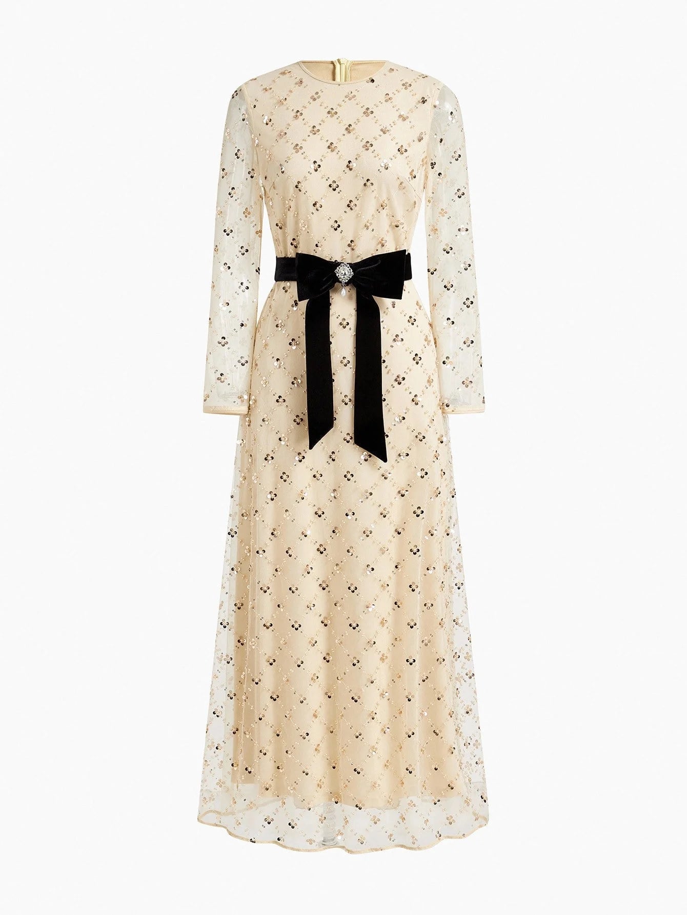 Soiréza WOMENS MESH SEQUINS MESH OVERLAY BOW WAIST FORMAL COCKTAIL DRESS