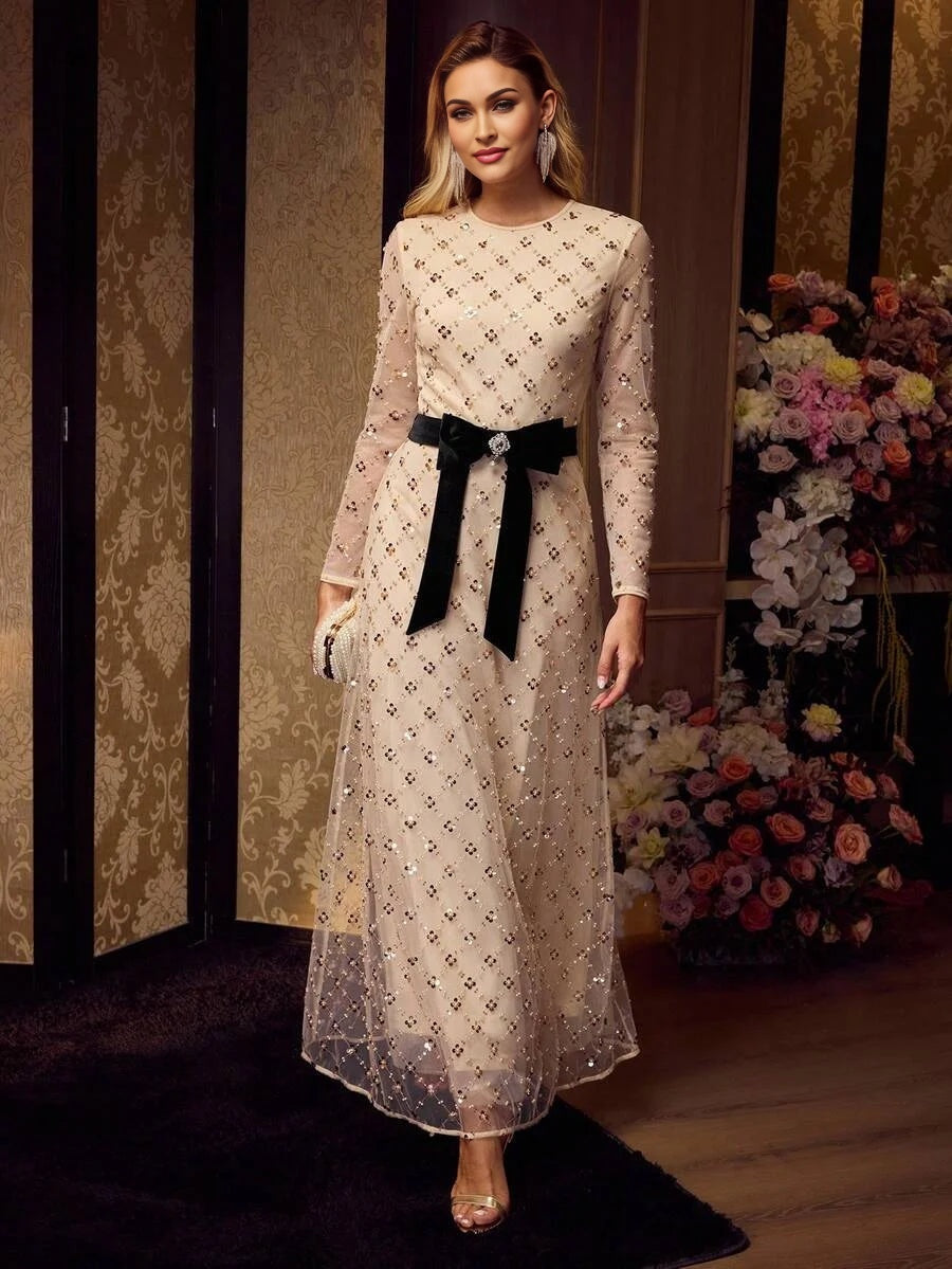 Soiréza WOMENS MESH SEQUINS MESH OVERLAY BOW WAIST FORMAL COCKTAIL DRESS