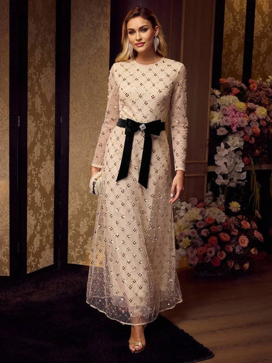 Soiréza WOMENS MESH SEQUINS MESH OVERLAY BOW WAIST FORMAL COCKTAIL DRESS