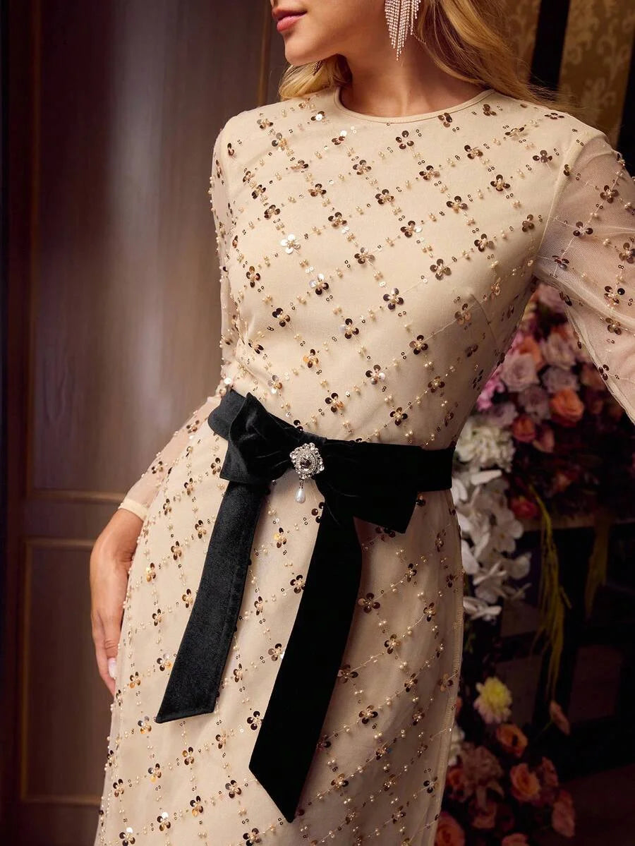 Soiréza WOMENS MESH SEQUINS MESH OVERLAY BOW WAIST FORMAL COCKTAIL DRESS