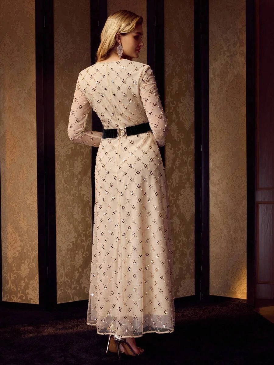 Soiréza WOMENS MESH SEQUINS MESH OVERLAY BOW WAIST FORMAL COCKTAIL DRESS