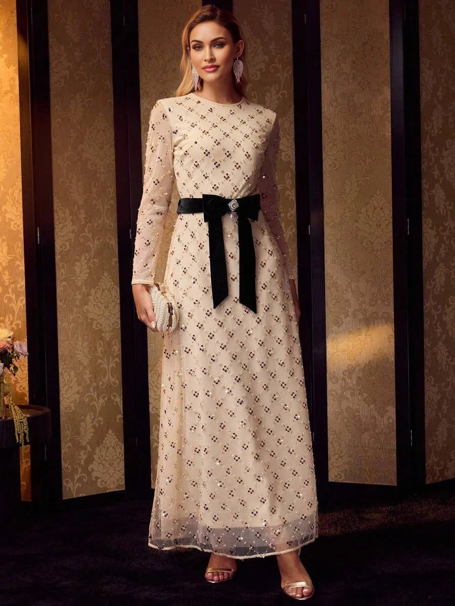 Soiréza WOMENS MESH SEQUINS MESH OVERLAY BOW WAIST FORMAL COCKTAIL DRESS