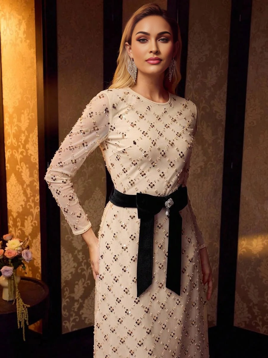 Soiréza WOMENS MESH SEQUINS MESH OVERLAY BOW WAIST FORMAL COCKTAIL DRESS